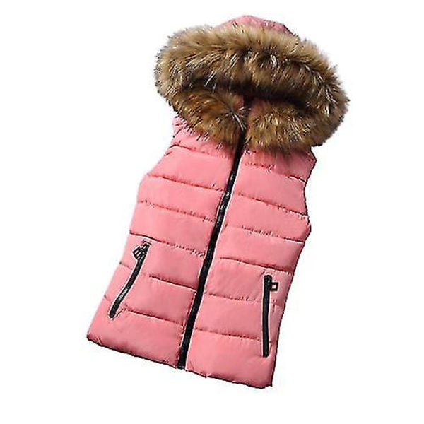 Kvinnors pufferväst Quiltad Casual varm vinterväst Avtagbar huva jacka RED L