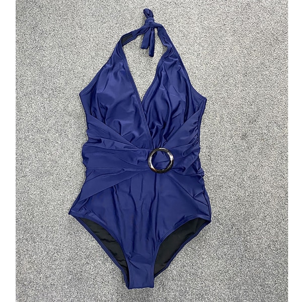 Sommarbaddräkt djup V-bikiniringning i ett stycke L Hidden blue