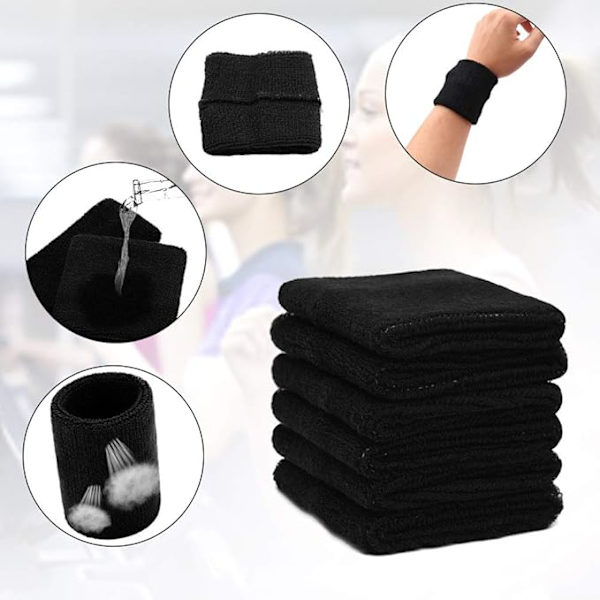 6-pakning Sportsarmbånd Absorberende Svettebånd for Fotball Basketball Friidrett (Svart) qd black