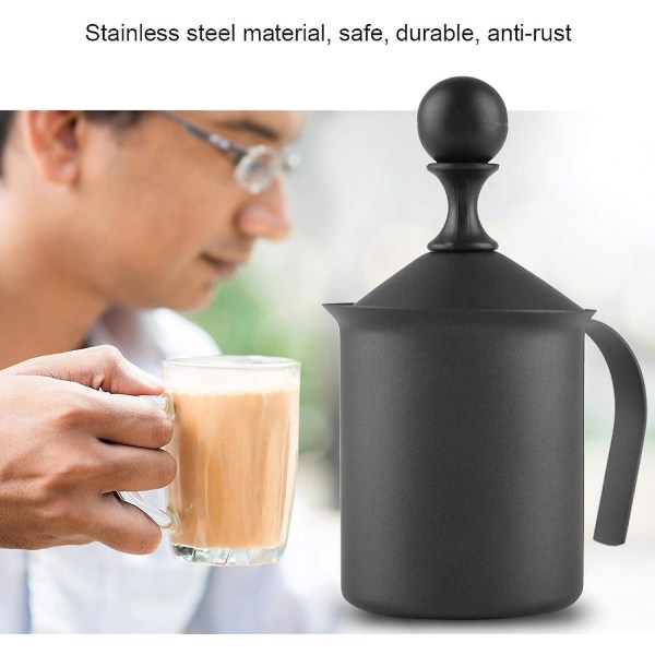 Manuell Melkeskummer, rustfritt stål, manuell dobbel netting melkeskummer, skummaskin, kaffe, cappuccino, dekorasjonsverktøy 400ml
