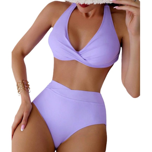 Kvinnors högmidjade set Halterneck baddräkt strandbaddräkt badkläder Light Purple M