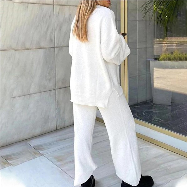 Tvådelad klädsel med bred ben för damer Polar Fleece V-hals Lounge Set White 3XL