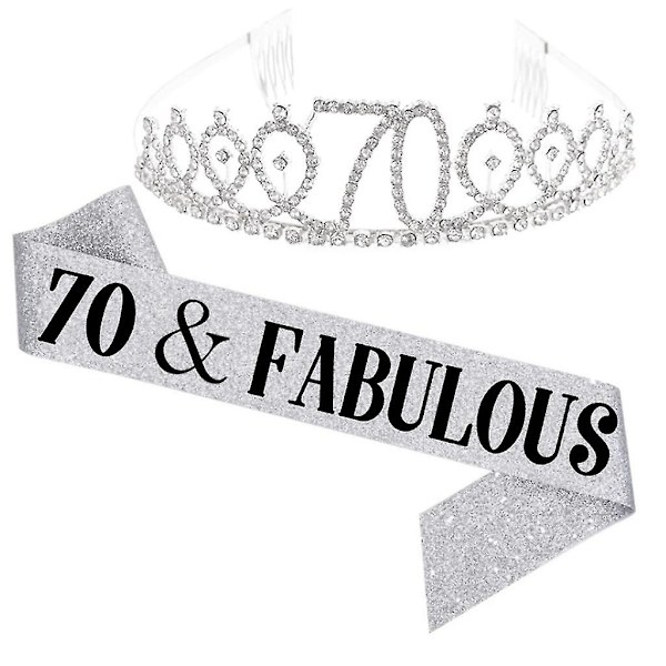 Kvinnor glittrande Rhinestone Brev Print Sash Tiara Set födelsedag Silver 70 år gammal