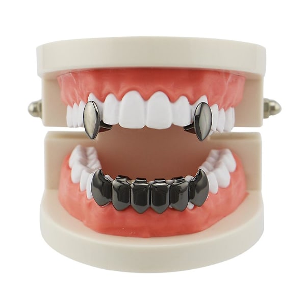 Hip Hop Guld Tänder Grillz Vampyr Fångar Silver Färg Tand Grillar Halloween Fest Cosplay Tandlock Smycken Present black