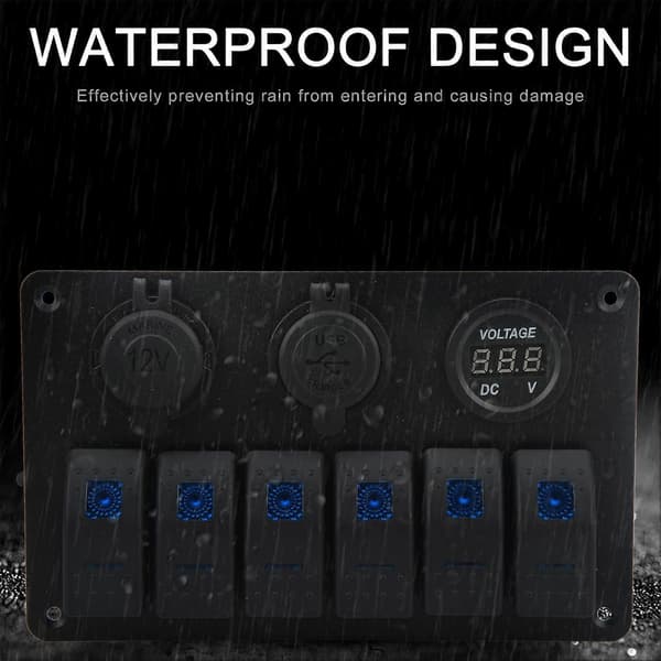 20A 6-veis vippebryterpanel 12V 24V blått lys vanntett for båter, skip, cockpiter, SUV-er, lastebiler