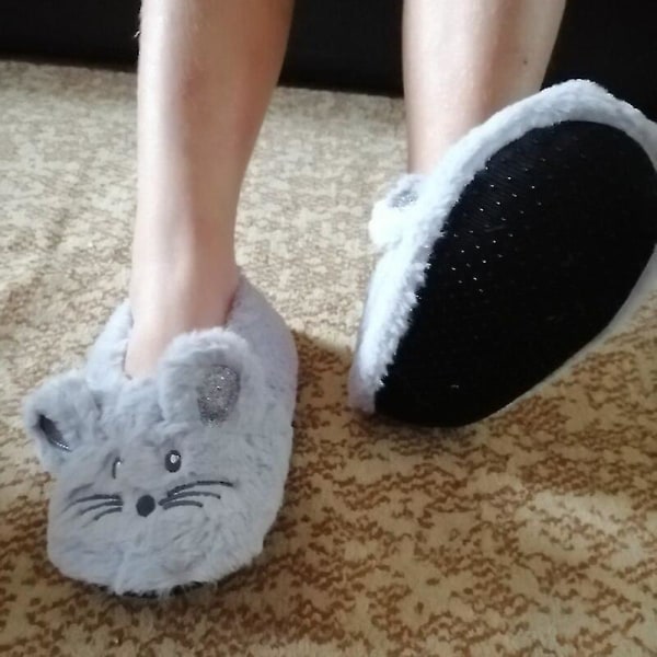 Hjemme Fuzzy Tøfler Dame Vinter Pels Bomull Varm Plysj Sklisikker Grip Innvendig Fluffy Lat Dame Museører Broderi Gulvsko Gray 39to41
