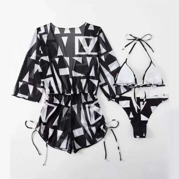 Halter set för kvinnor med cover Sexig spetsad baddräkt Mode med print Baddräkt Romper 3 delar Badkläder Black XL