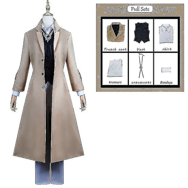 Anime Dazai Osamu Cosplay Kostym Bungo Stray Dogs Cosplay Lång Jacka Kappa Dazai Osamu Peruk Halloween Jul Kostym costume L