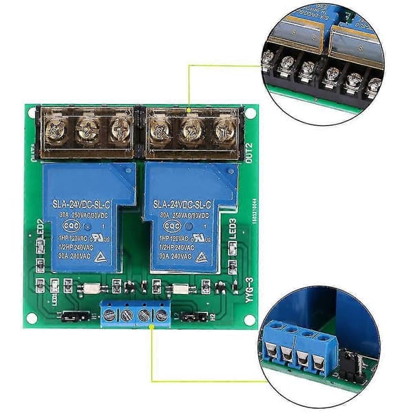 2-kanals DC 24V 30A relækortmodul Optokoblerisolering Høj/Lav Trigger