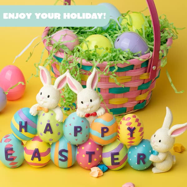 Happy Easter Table Decoration Rabbit and Easter Egg Figurine Table Decoration for the Easter Season.