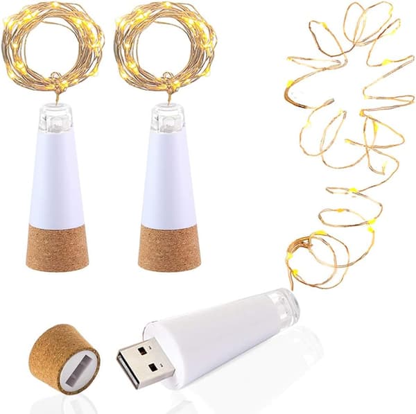 LED-flaskor med kork, USB-laddningsbara, 1,9 m koppartråd