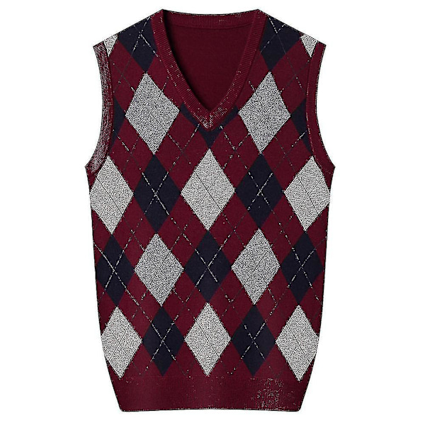 Yynuda Mens Cashmere Pullover Wool Blend Ärmlös stickad V-ringad tröja Wine red XL