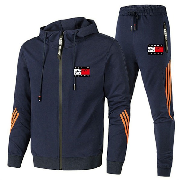 Herr TomyJeans Sport Hoodie Tracksuit Sett Langermet Hel Glidelås Hoodie Sweatshirt Jakke + Joggebukser Sweatpants Antrekk Lommer Navy Blue qd Navy Blue 2XL
