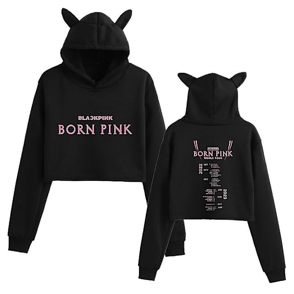 Svart Rosa koreansk grupp perifert printed Casual Navel-baring Cat Ears Sweatshirt för flickor Black C M