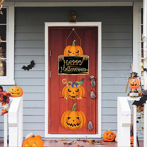 1 Sæt Halloween Græskar Dørvedhæng Hængende Trædørskilte Heksehat Tegneseriedesign Uhyggelige Smilende Ansigter Fester Boligindretningsartikler A
