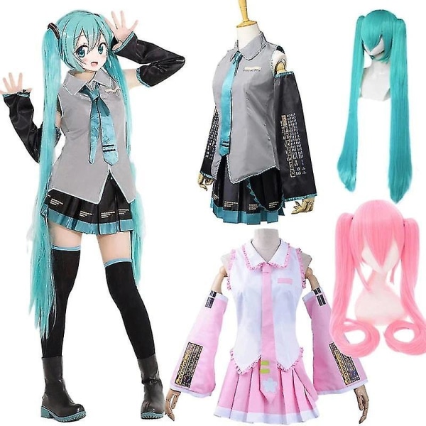 Anime vocaloid miku cosplay kostym peruk klänning kawaii miku cosplay outfits halloween karneval fest kostymer Full set and wig3 Xxl