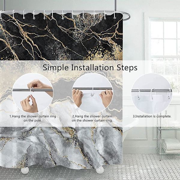 Marmor badrum duschdraperi lila guld tyg duschdraperier med krokar akvarell abstrakt duschdraperi foder 72x72 tum Black 72x72 inch