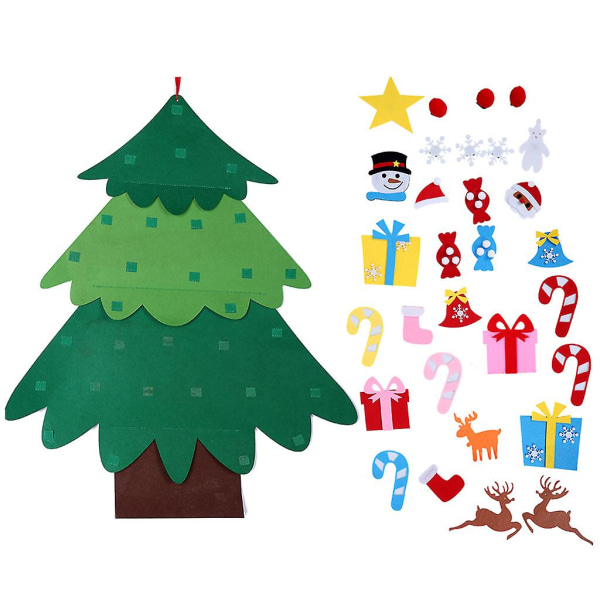 Gör-det-själv-filt julgran för barn Barn med avtagbara tecknade prydnader Nyår Xmas Fönster Dörr Vägghängande Dekoration Presenter