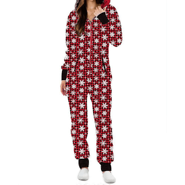 Julpyjamas för kvinnor med huva - En-dels jumpsuit - Pyjamas - Jul Snowflake Plaid M
