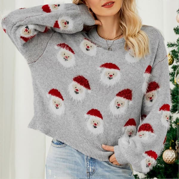 Dam Jul Tomte Stickad Tröja Rund Hals Långärmad Rolig Tröja för Höst Vinter Grå L