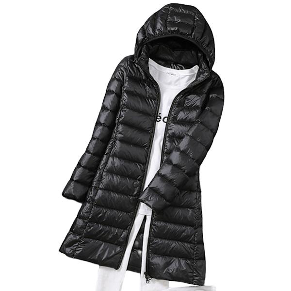 Kvinnor Vinterdunjacka Lång Slim Fit Varmjacka med huva Lämplig för vänners samlingskläder Black L