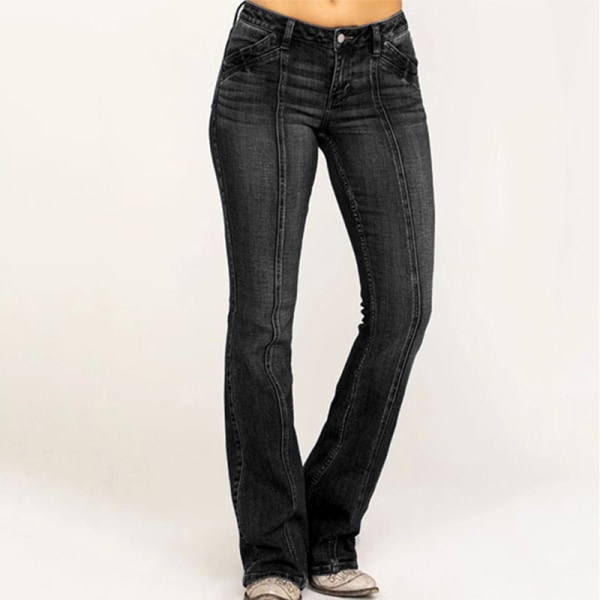 Kvinnors låga utsvängda jeans Stretchiga jeansbyxor Bell Bottoms Svart XS