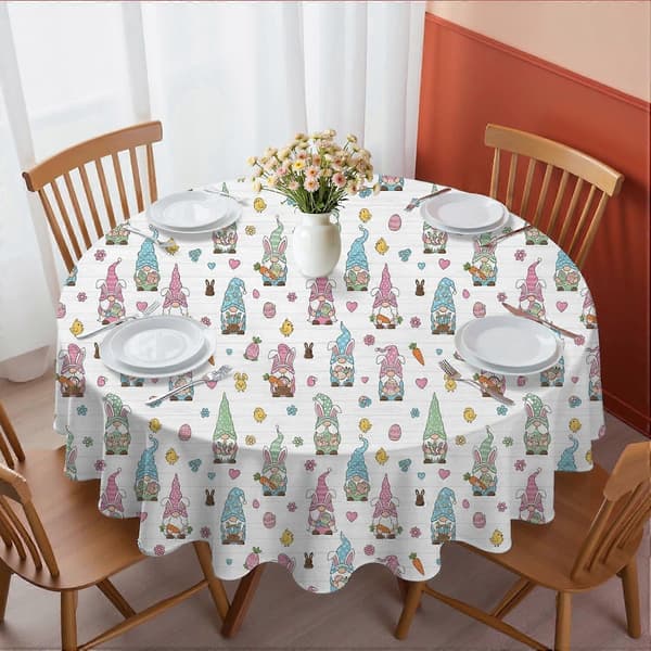 Easter and Gnomes White Pattern Round Tablecloth 60\", Wrinkle Resistant Wipeable Cover for Kitchen, Dining, Picnic, and Patio