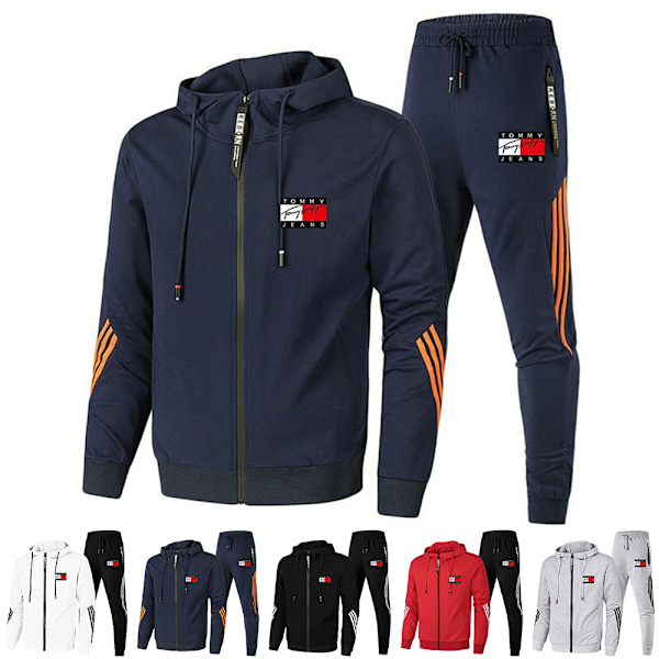 Herr TomyJeans Sport Hoodie Tracksuit Set Långärmad Hel Dragkedja Hoodie Sweatshirt Jacka + Joggingbyxor Sweatpants Outfit Fickor Black qd Black M