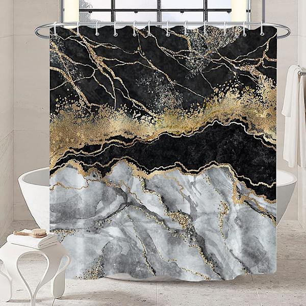 Marmor badrum duschdraperi lila guld tyg duschdraperier med krokar akvarell abstrakt duschdraperi foder 72x72 tum Black 72x72 inch