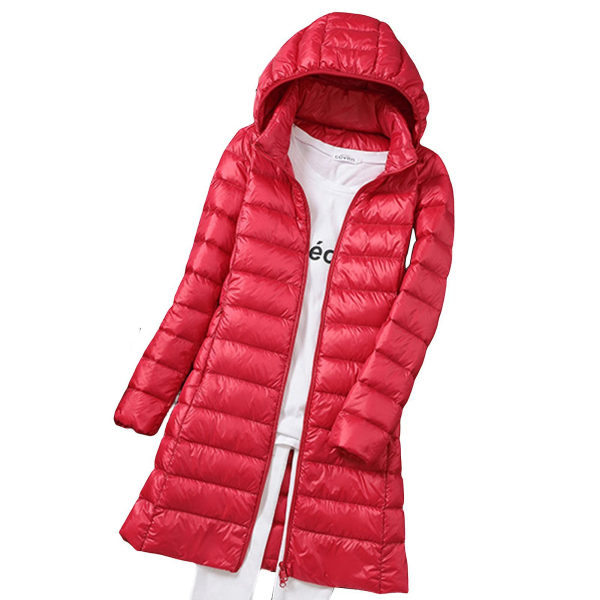Kvinnor Vinterdunjacka Lång Slim Fit Varmjacka med huva Lämplig för vänners samlingskläder Red XL
