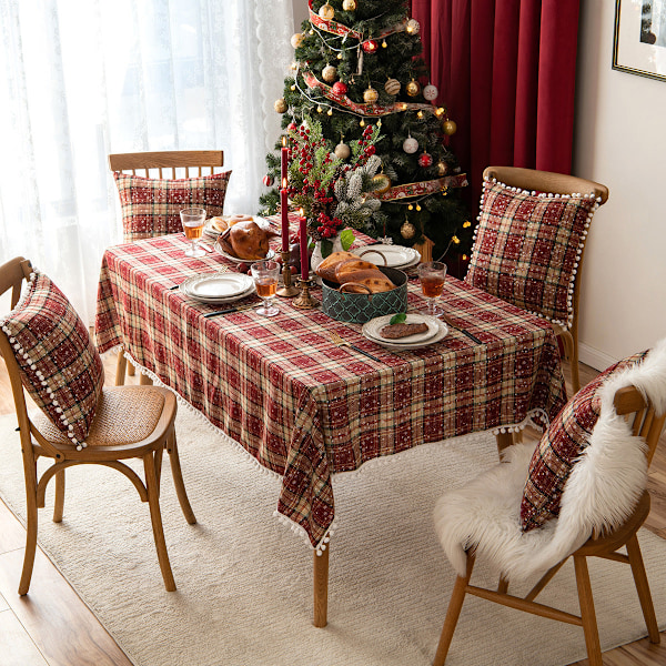 Jule Bomuld Linned Dug Dekorativ Pels Bold Dækkeserviet til Vestlig Mad Snefnug Dug Rød Snefnug Bold Plaid qd Red Snowflake Ball Plaid 140*300cm