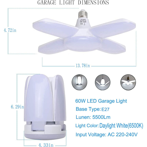Garasjelampe E27 60W, Kaldt Hvitt 6500K 5500Lm Deformerbar Verkstedlampe med 4 Justerbare Paneler, LED Takbelysning, for Garasje, Lager, Gym qd