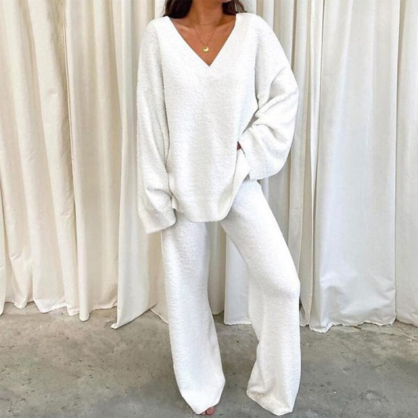 Todelt sæt med brede ben til damer Polar Fleece V-hals Loungesæt White 2XL