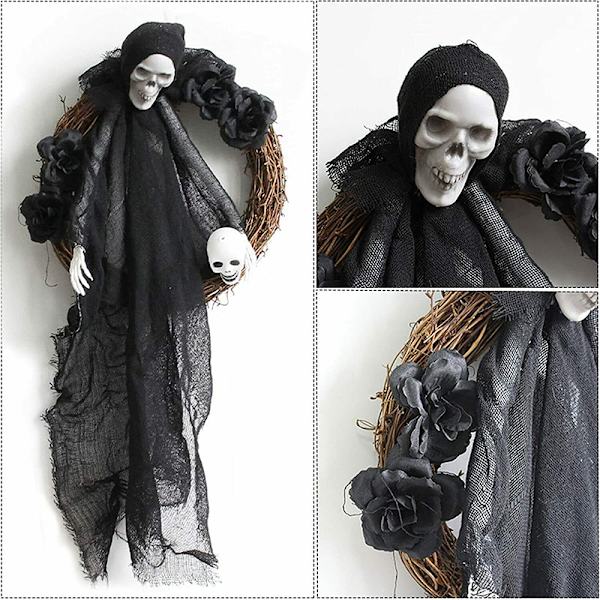 Oveen ripustettava pelottava seppele Halloween-ovikoriste Black