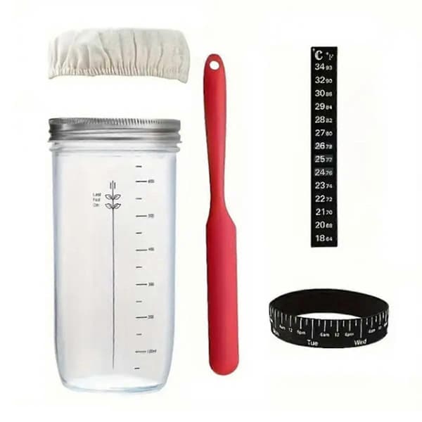 Brødfermenteringsglas, med åndbart stoflåg, termometer, genanvendelig surdejsglas, brødbagning, lille
