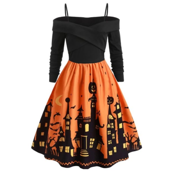Halloween-klänning med printed festklänning för kvinnor orange M