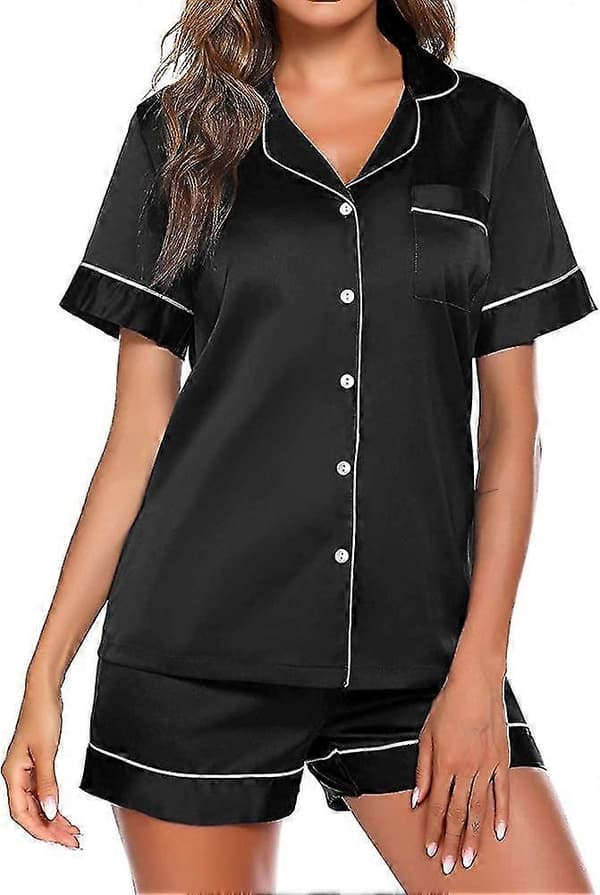 Dame Pyjamas -acsergery Satin Pyjamasett for kvinner 2 stk Silke Kort Erm Knapp Ned Gave