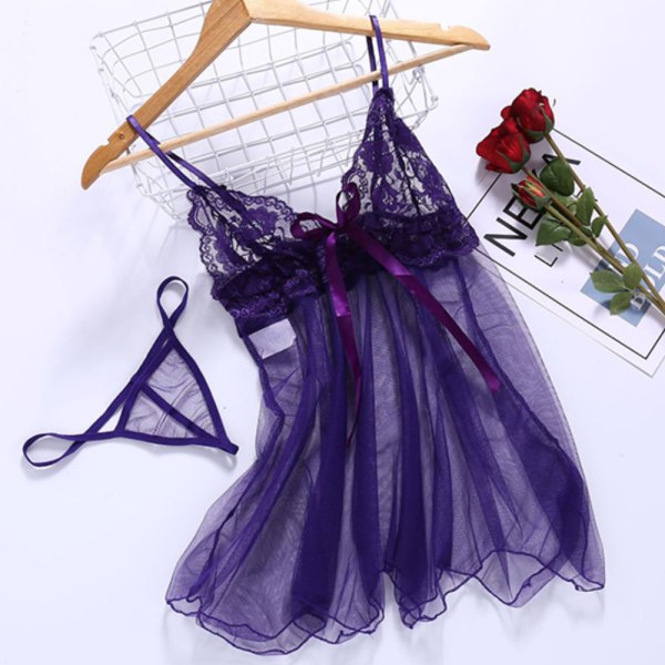 Dam Sexiga Spetsunderkläder Babydoll BH Underkläder Nattlinne Purple XL