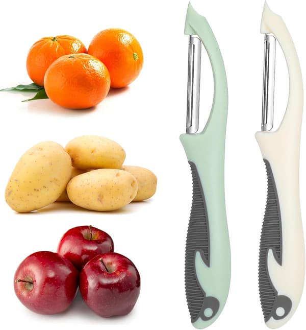 2-delt fruktskreller og grønnsaksskreller i rustfritt stål, roterende grønnsaksskreller med rett håndtak