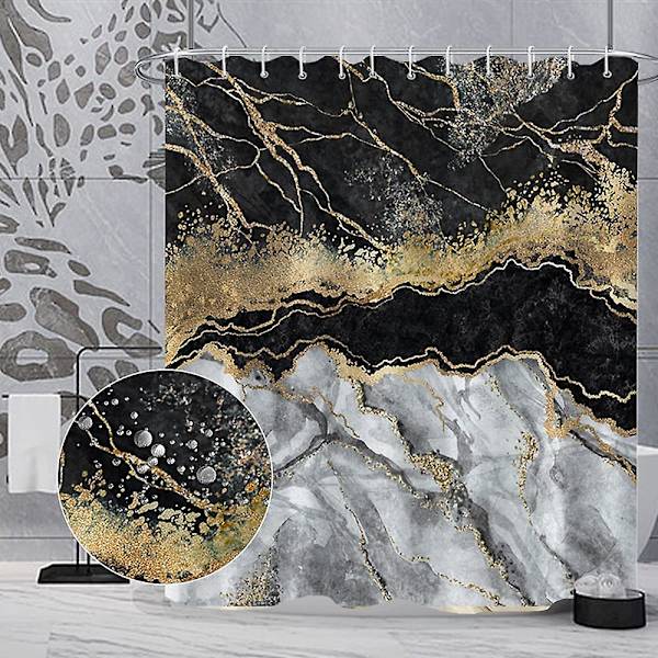 Marmor badrum duschdraperi lila guld tyg duschdraperier med krokar akvarell abstrakt duschdraperi foder 72x72 tum Black 72x72 inch