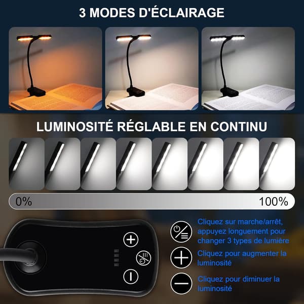 Dobbelthodet leselampe med 14 LED-lys, USB-oppladbart klipslampe, leselys