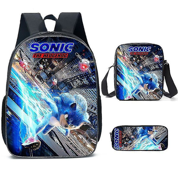 Sonic Ryggsäck för Grundskolan Tredelad Set Anime Cartoon Ryggsäck Axelväska Pennfodral Hög Kvalitet 5 pencil case