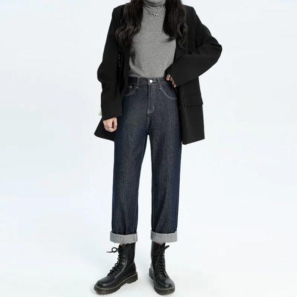 FINORD Hög midja Casual Beige Baggy Jeans Dam Koreanska höstjeans Streetwear Harajuku Vintage Vinter Raka jeansbyxor Black XXL