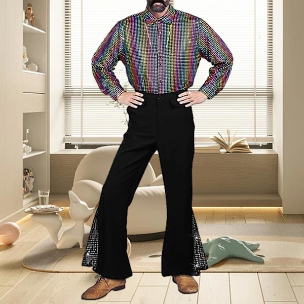 Herre Vintage Bukser 60'erne 70'erne Skinnende Pailletter Udsvajet Kant Hippie Kostume Karneval Fest Voksne Par Cosplay Musikfestival Retro Disco Fancy Bukser Black1 L