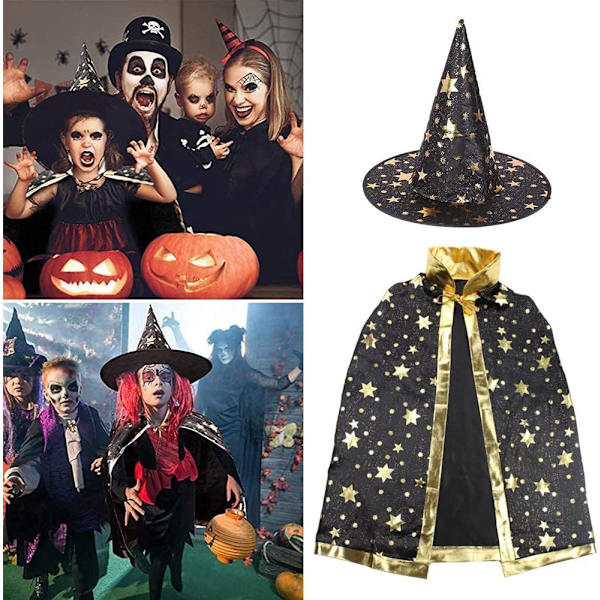 Halloween trollkarl,Häxhatt,Child Wizard Cape,Trollkarl med mantelhatt,Halloween godispåse,Häxkåpa Trollklänning Kostym för barn Pojkar Sunmostar