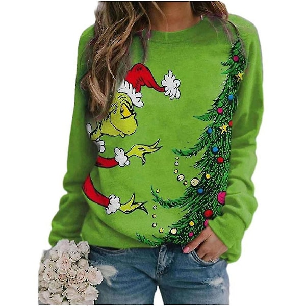 Dame The Grinch Trykket Genser Rund Hals Jul Casual Løs Pullover Jumper Topper Green S