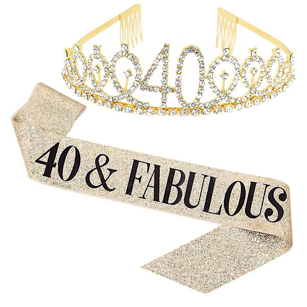 Kvinnor glittrande Rhinestone Brev Print Sash Tiara Set födelsedag Golden 40 Years Old