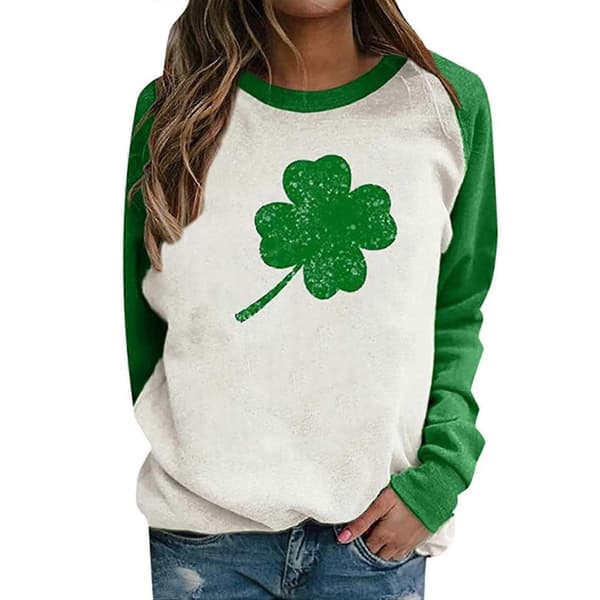 St. Patricks Day Løs Langærmet Shamrock Mønster Lucky Irish Shamrock Print Pullover Top L