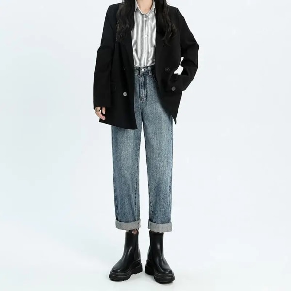 FINORD Hög midja Casual Beige Baggy Jeans Dam Koreanska höstjeans Streetwear Harajuku Vintage Vinter Raka jeansbyxor SkyBlue M