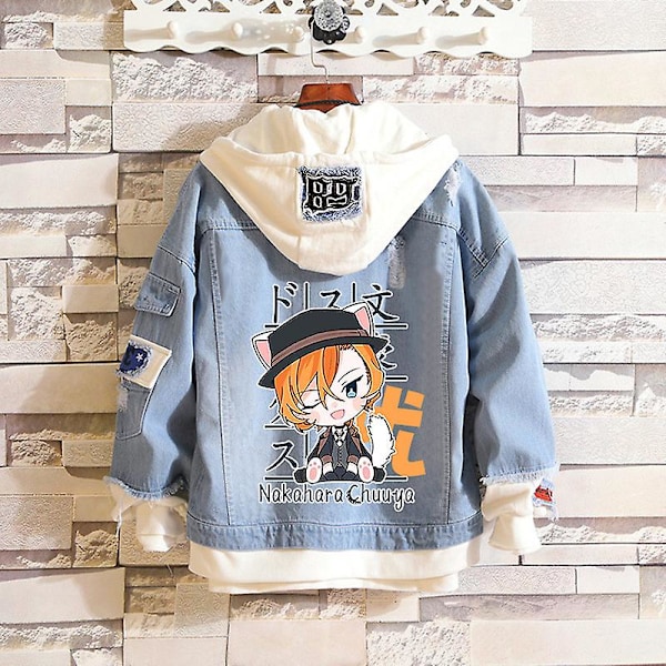 Anime Bungo Stray Dogs Kostym Jeanjacka Dazai Osamu Cosplay Denim Raw Hem Jeans Vuxen Höst Vår Huva Ytterkläder Rock C 4XL